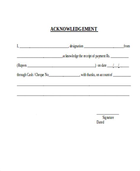 Letter of Acknowledgment of Cheque or Payment .
